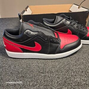 Air Jordan 1 Low Bred Toe Black Red White Sneakers 553558-612 size 12